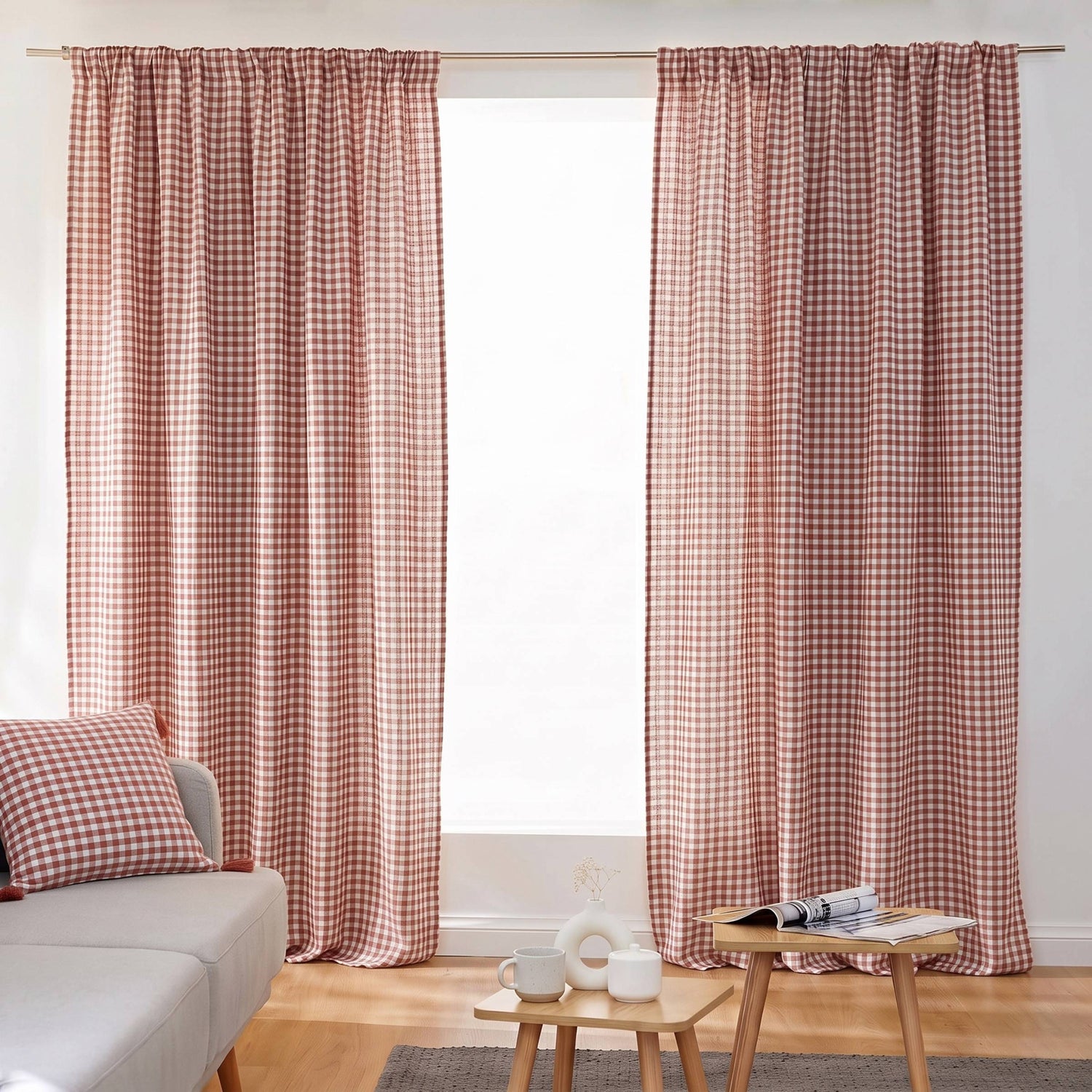 Terracotta gingham pencil pleat muslin curtain