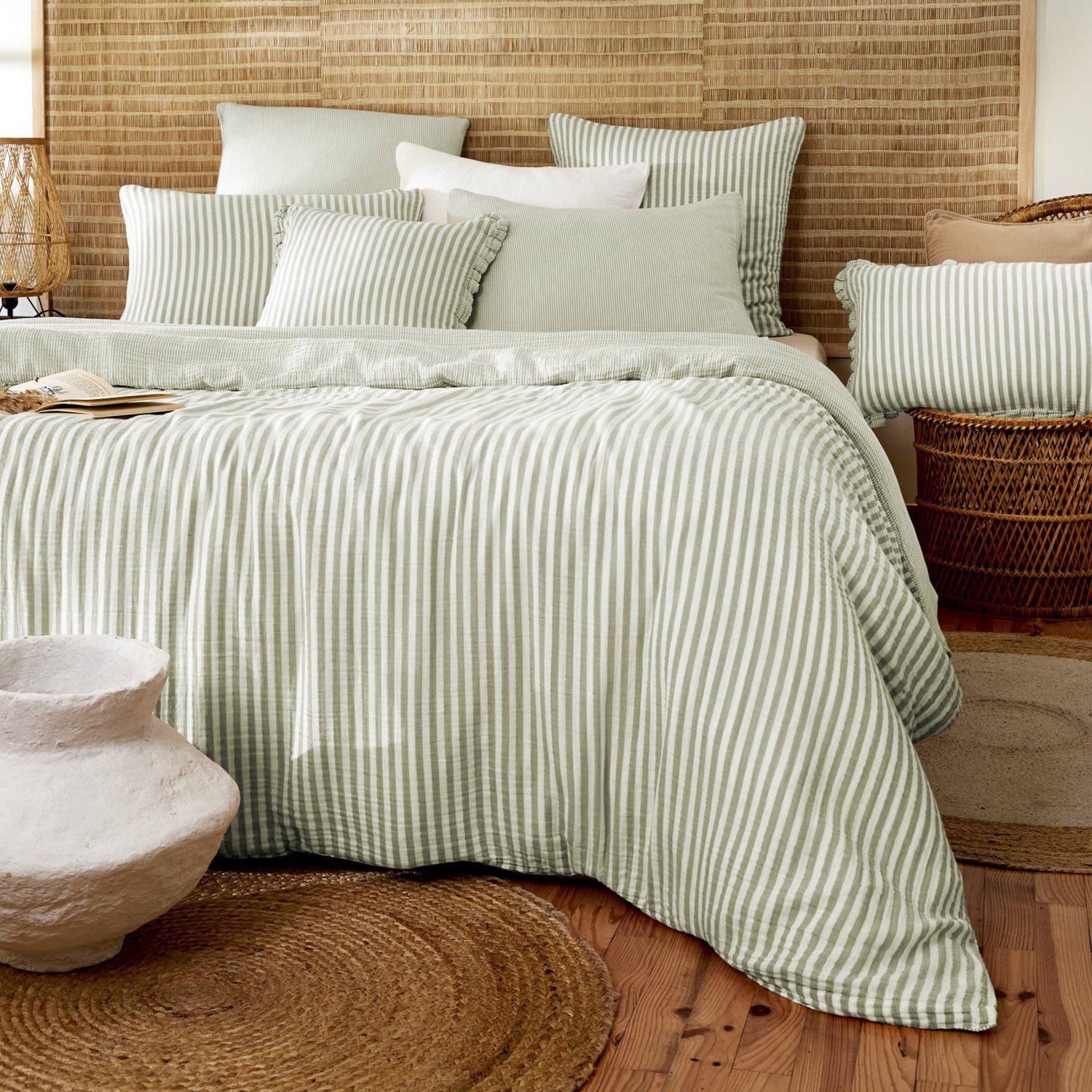 Eucalyptus green striped muslin duvet cover