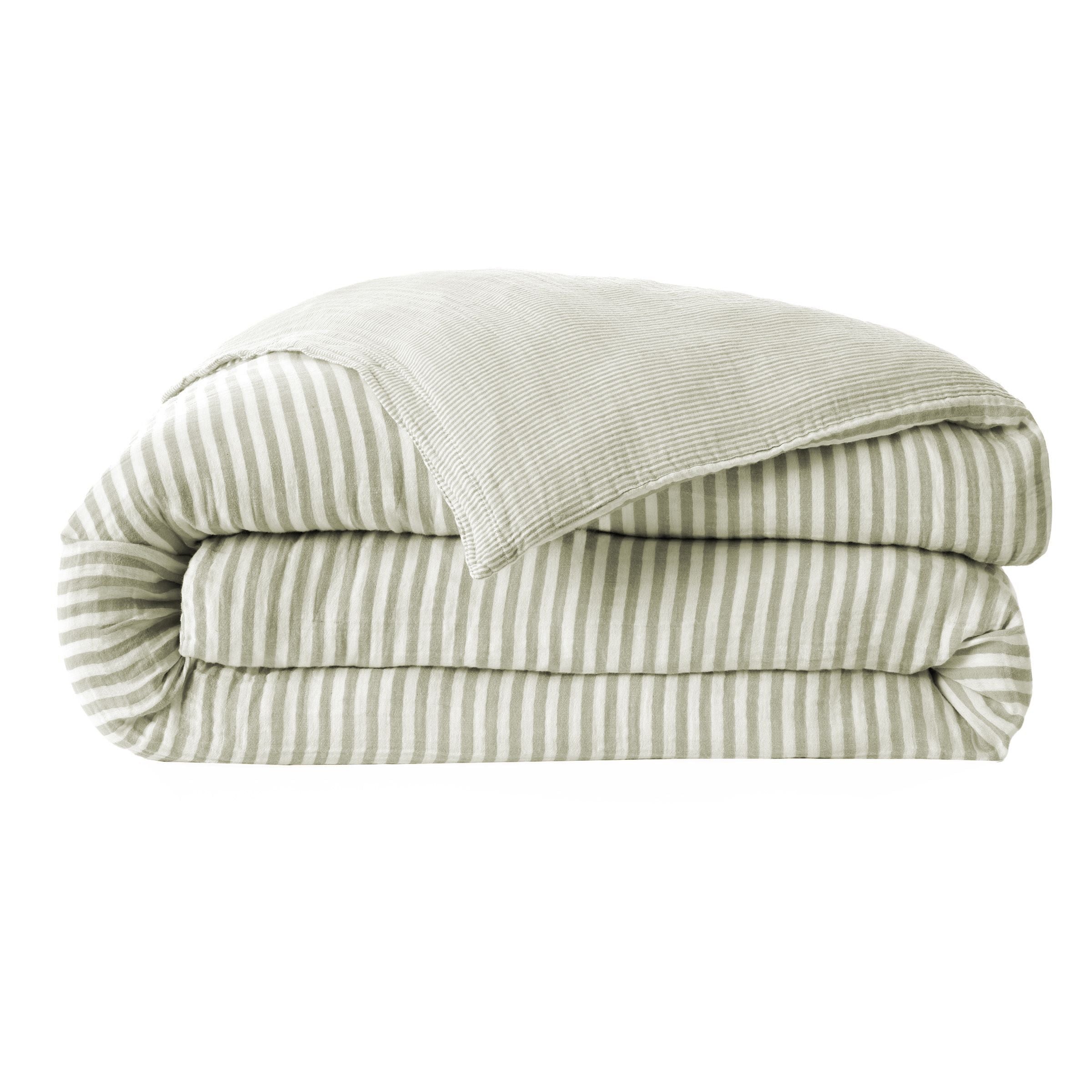 Eucalyptus green striped muslin duvet cover