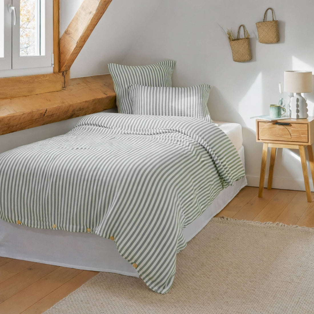 Eucalyptus green striped muslin duvet cover