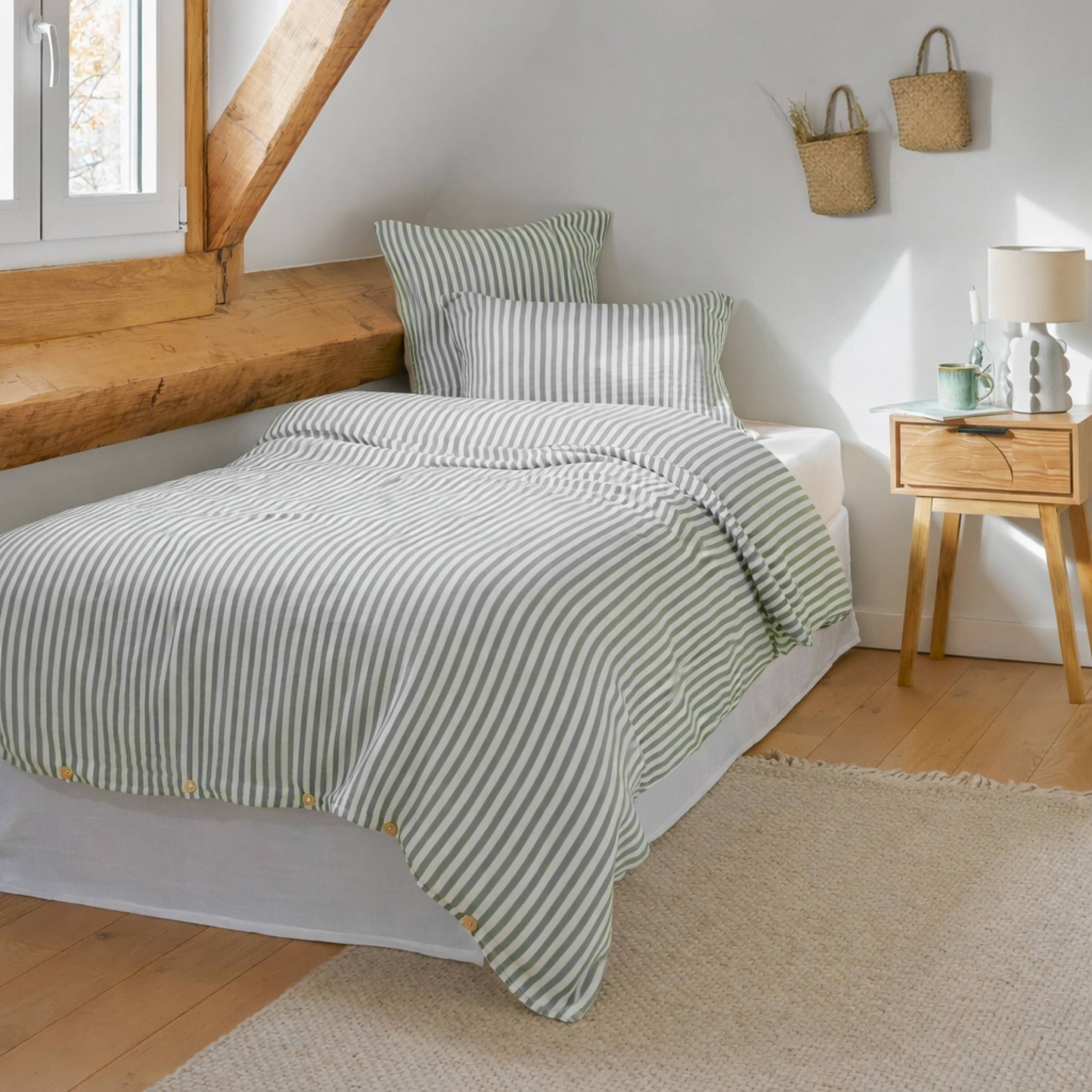 Eucalyptus green striped muslin duvet cover