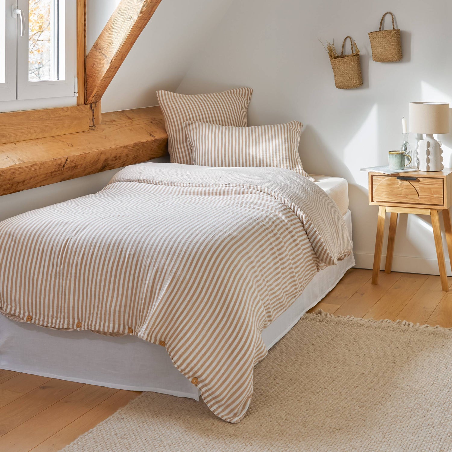 Taupe striped muslin duvet cover