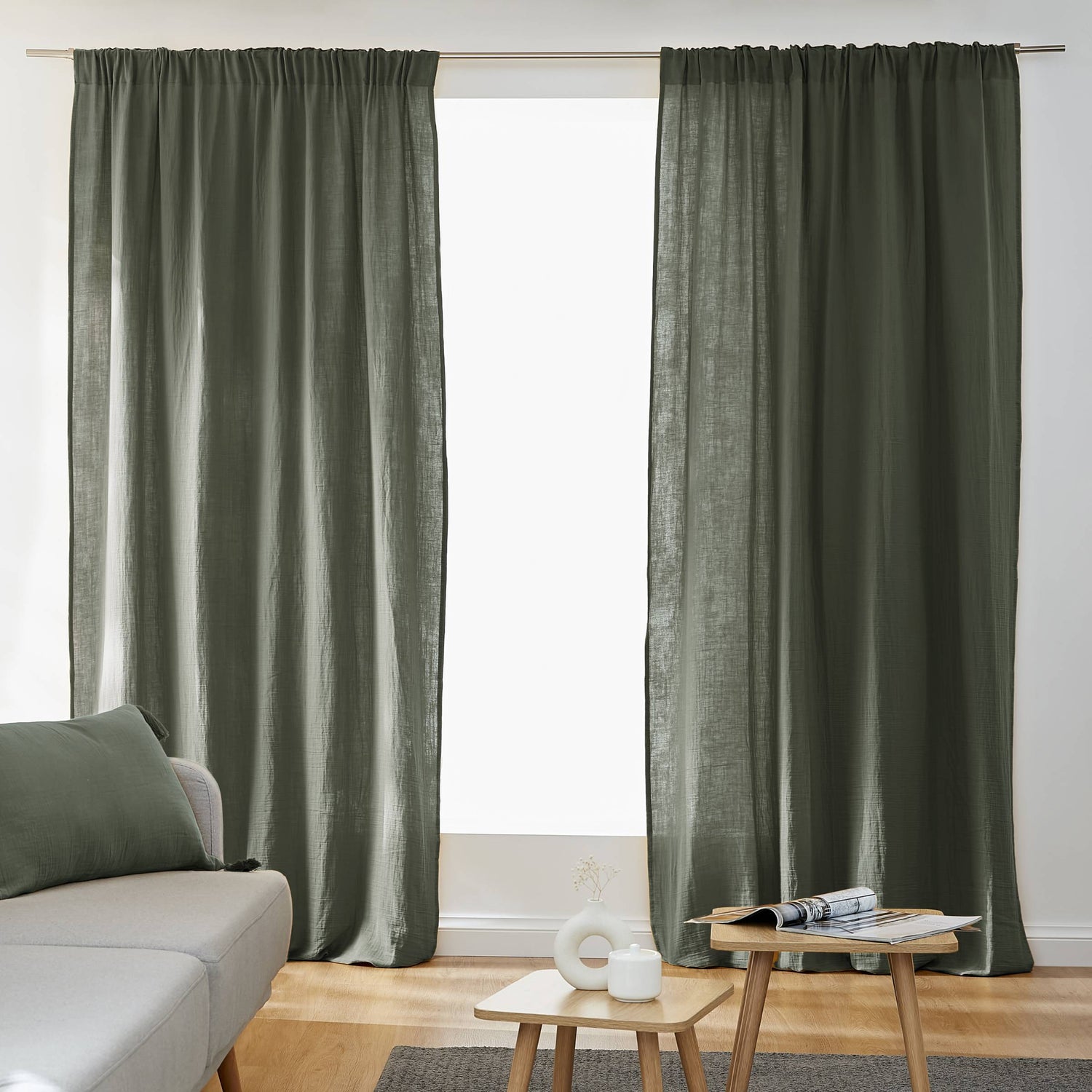 Rosemary green muslin pencil pleat curtain