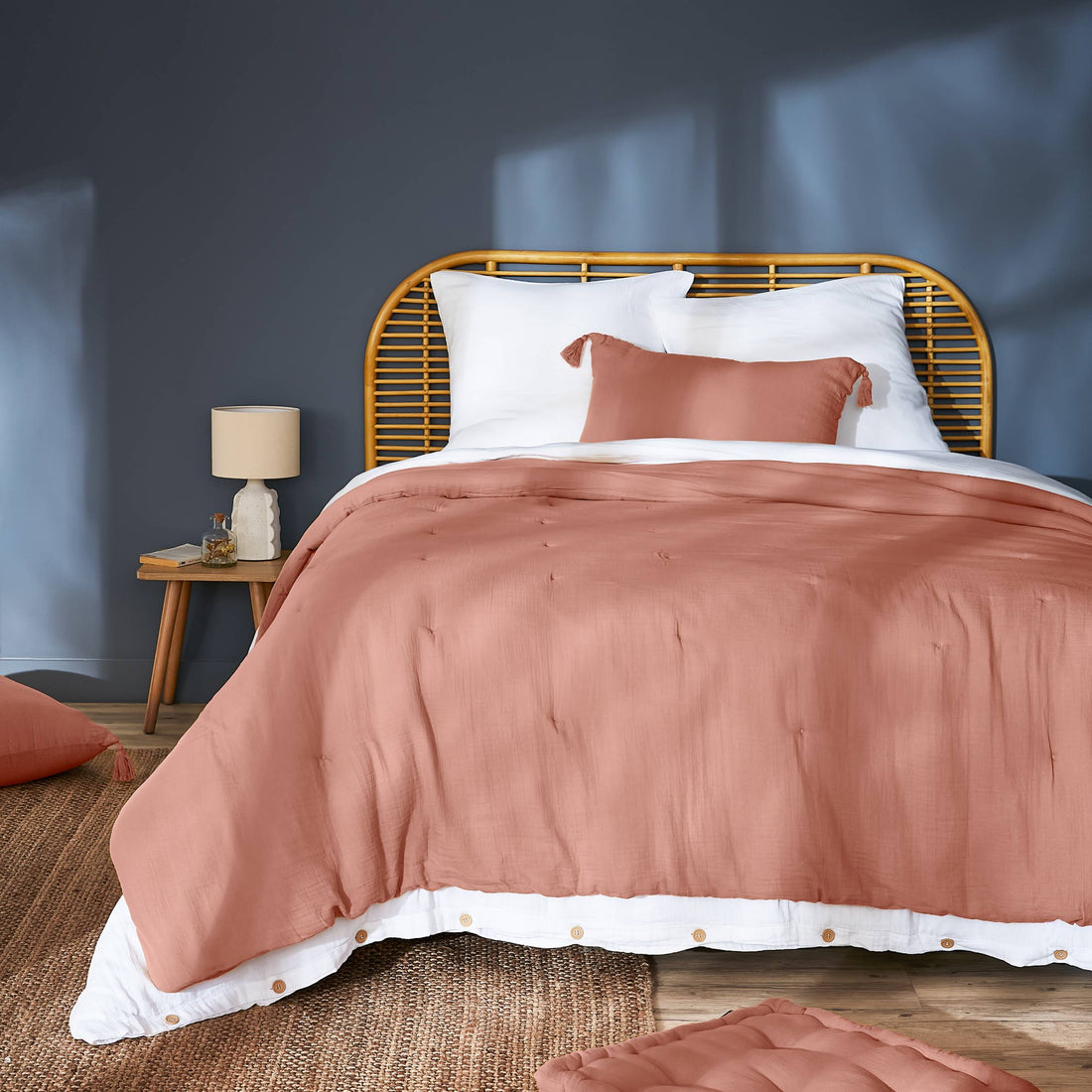 Peach pink muslin bedspread