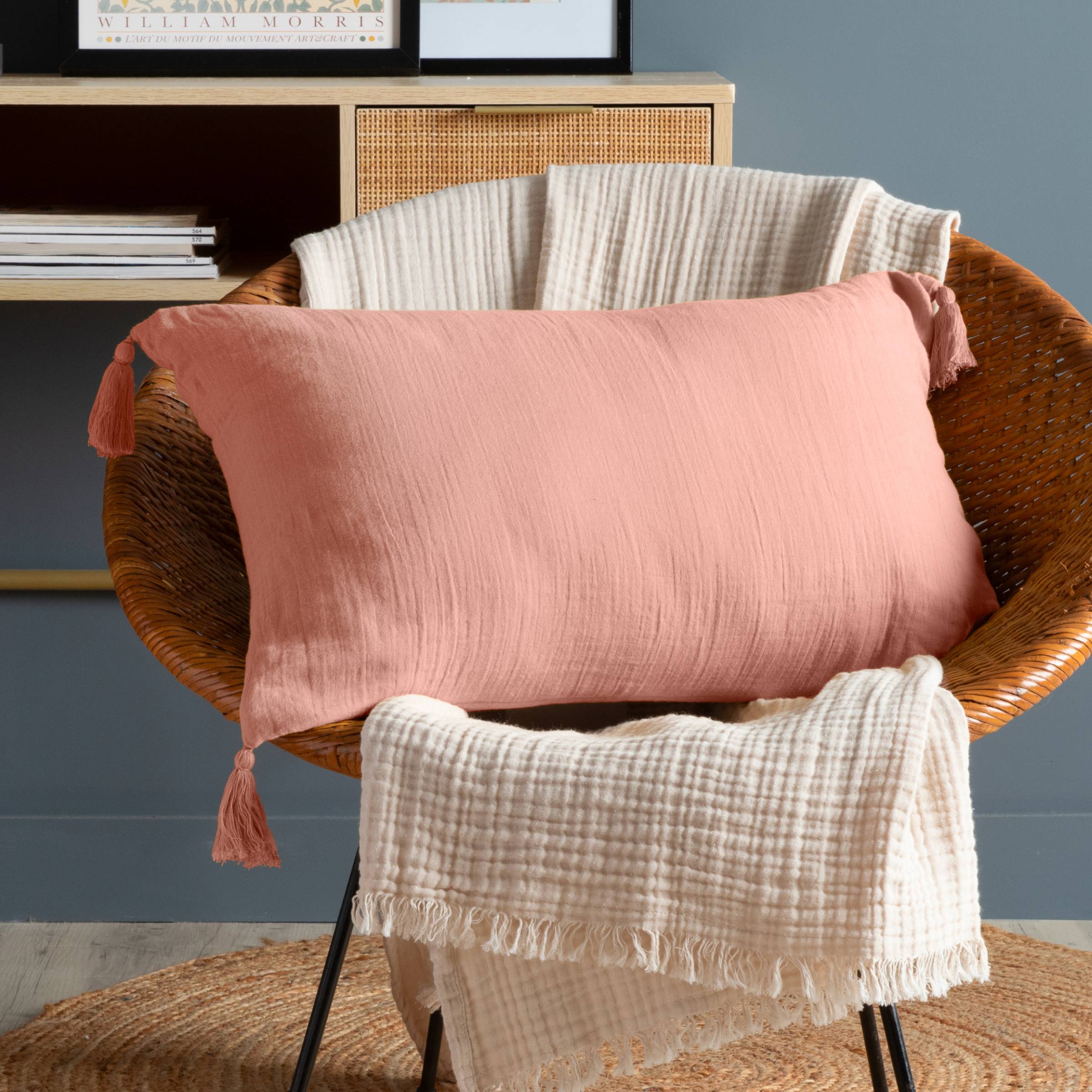 Peach pink muslin cushion