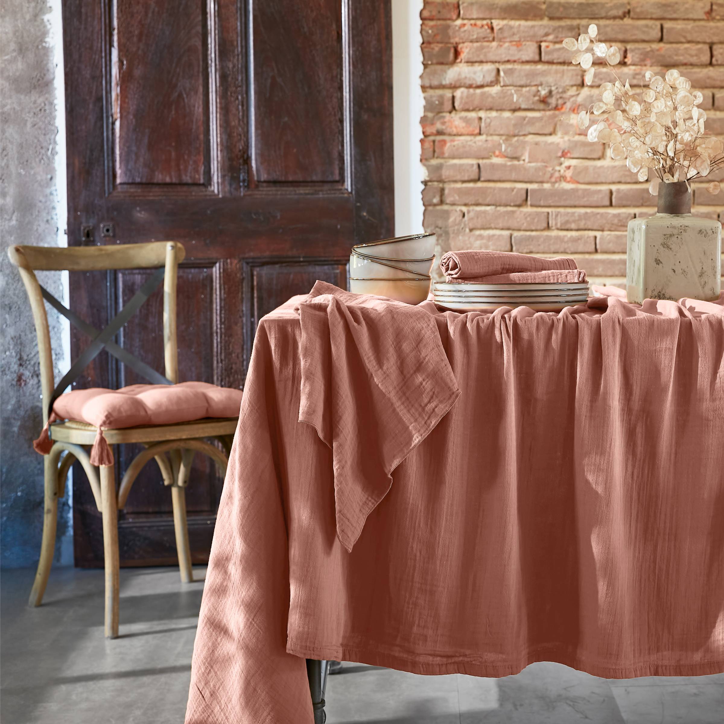 Peach pink rectangular muslin tablecloth