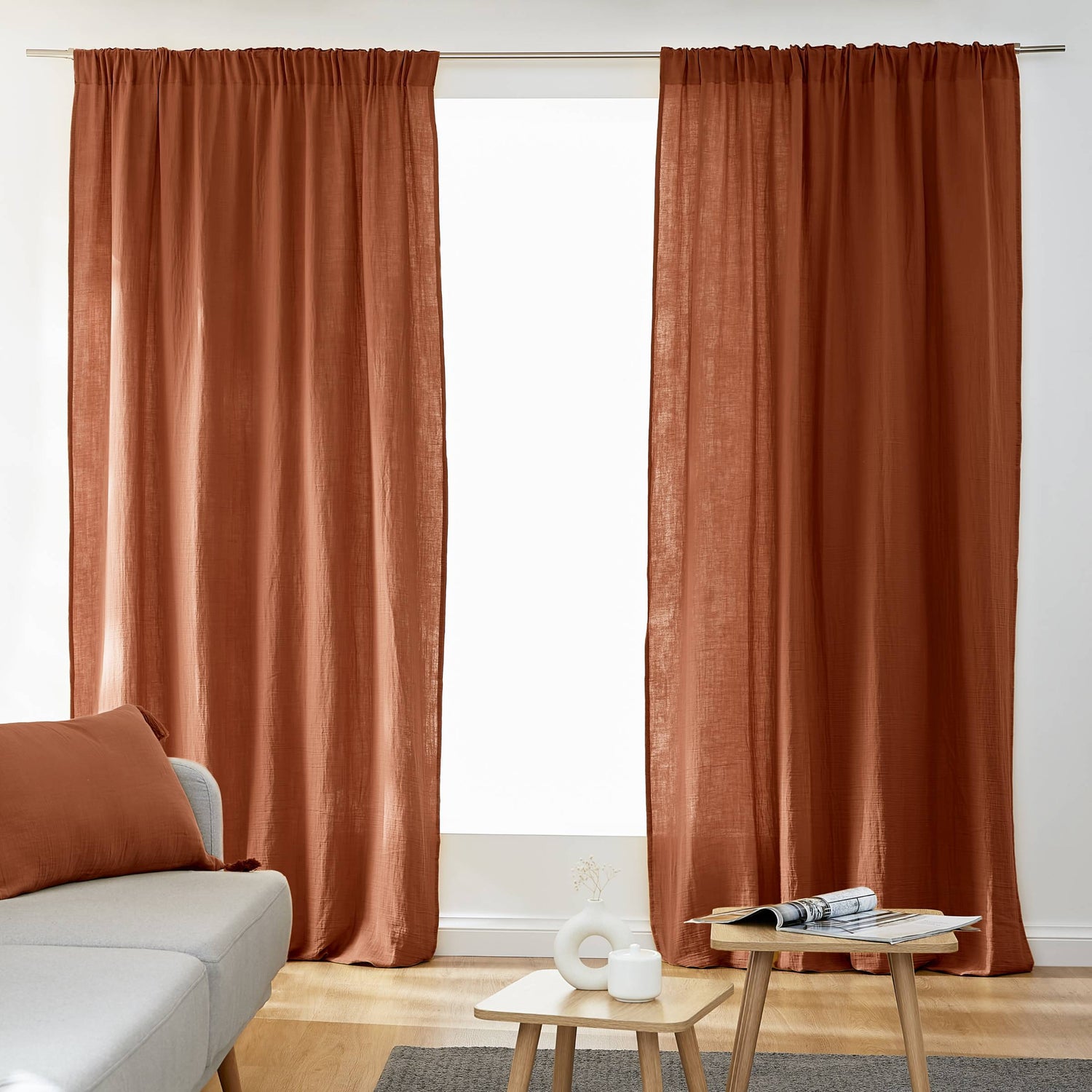 Terracotta muslin pencil pleat curtain