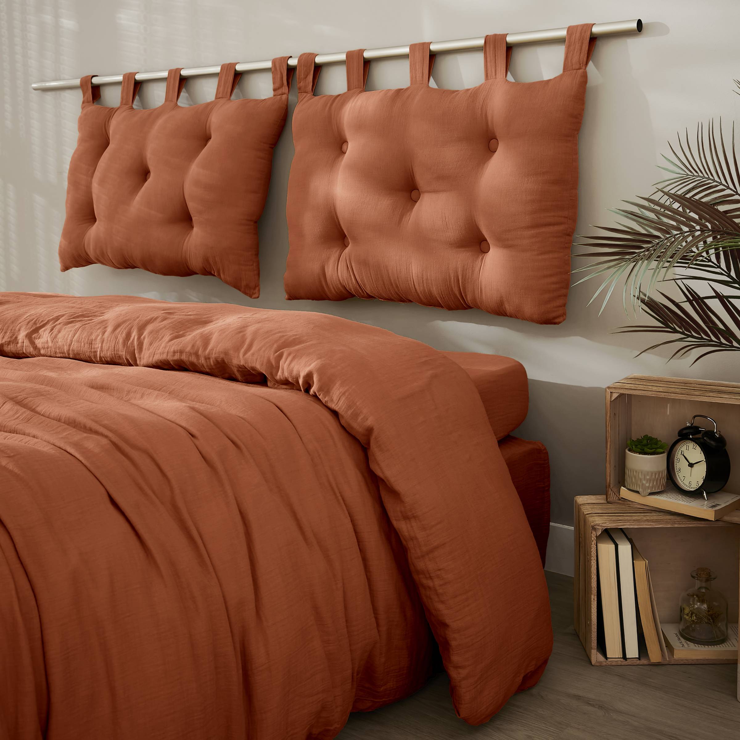 Terracotta muslin headboard