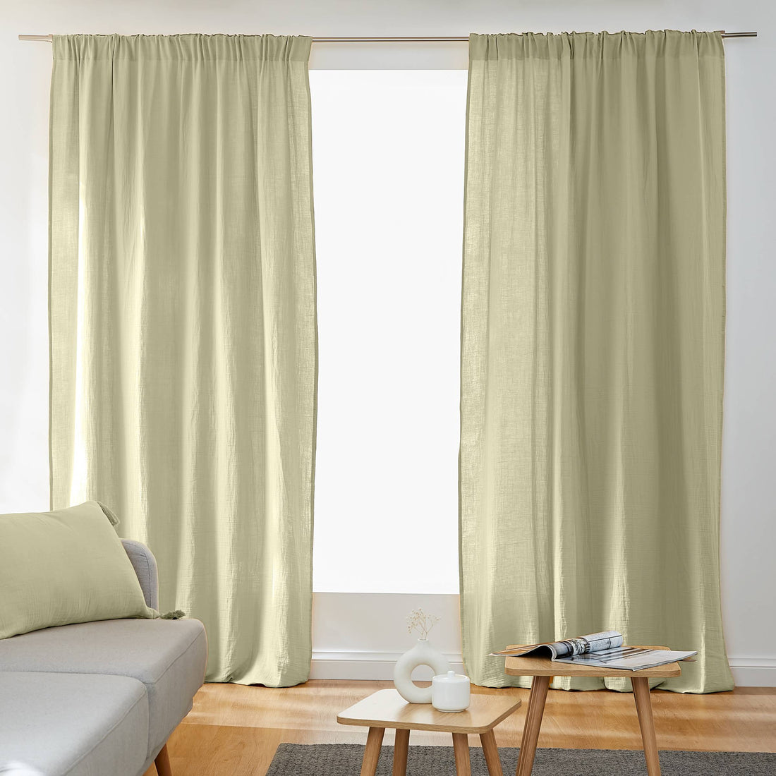 Light green muslin pencil pleat curtain