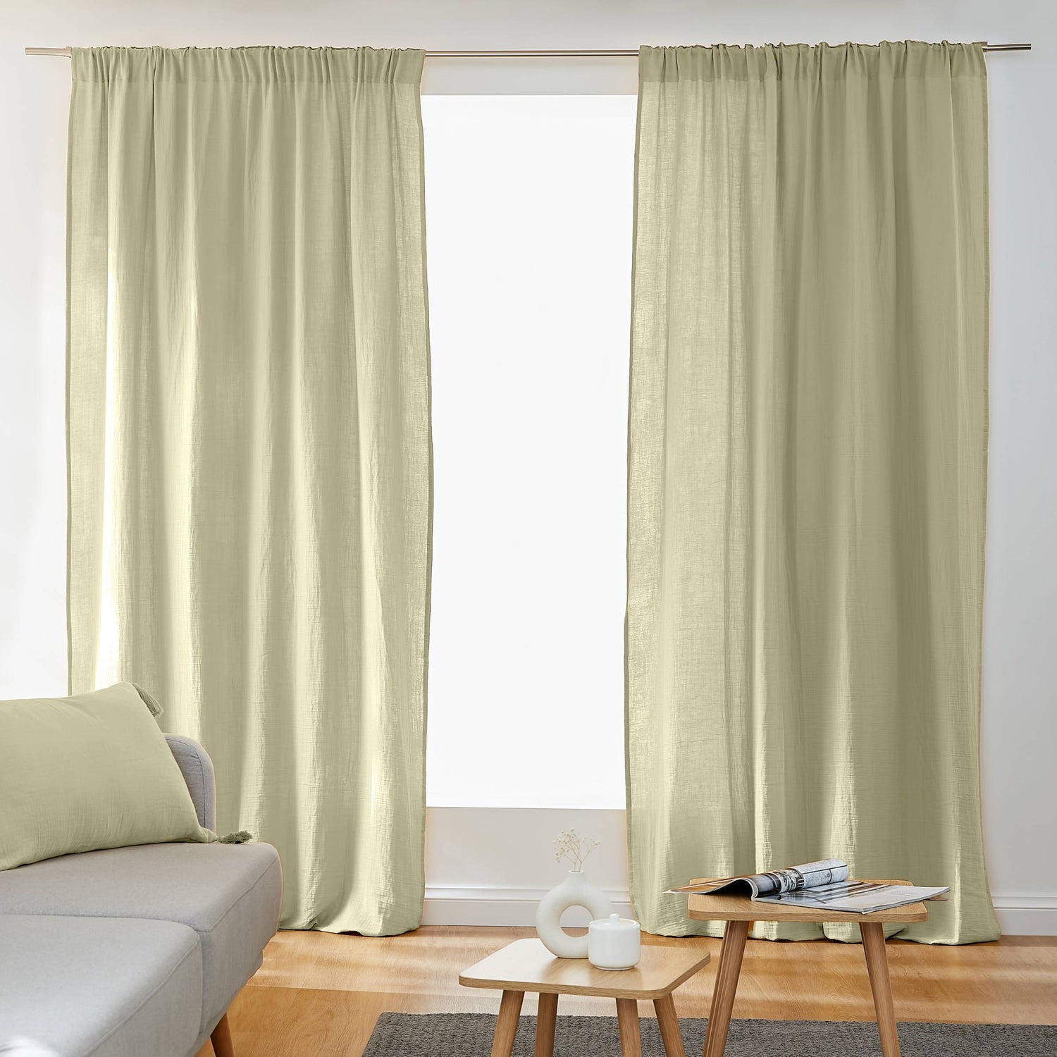 Light green muslin pencil pleat curtain
