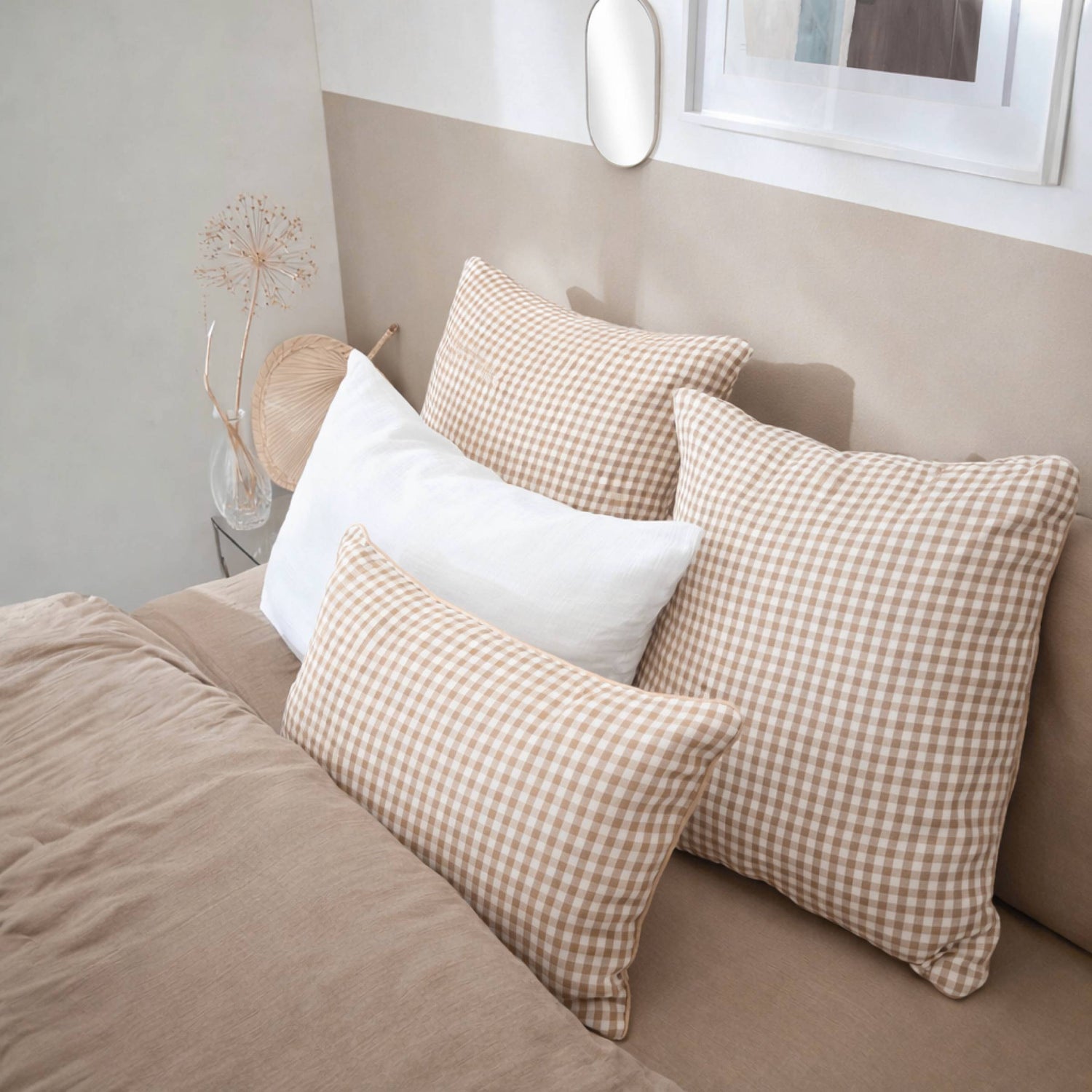 Taupe gingham muslin duvet cover