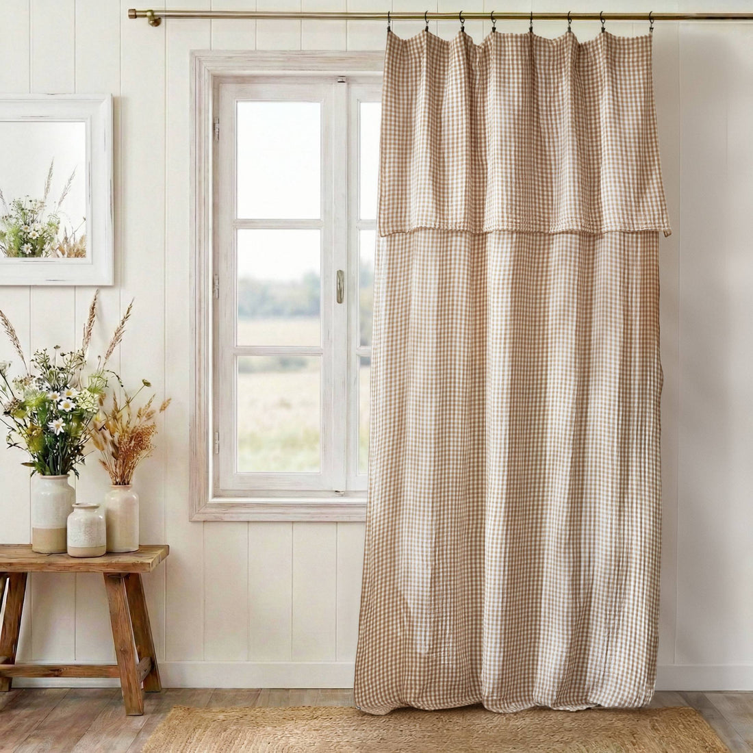 Taupe gingham adjustable muslin curtain
