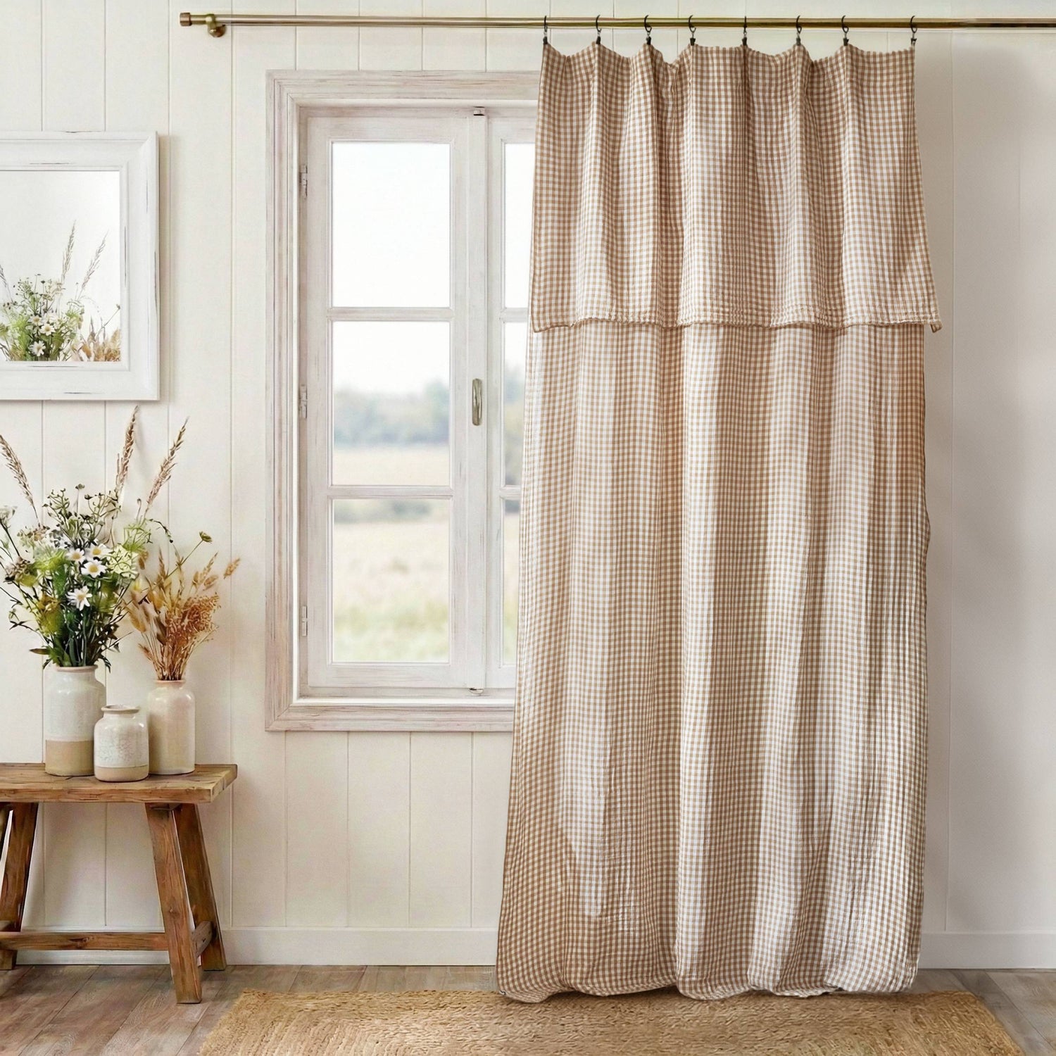 Taupe gingham adjustable muslin curtain