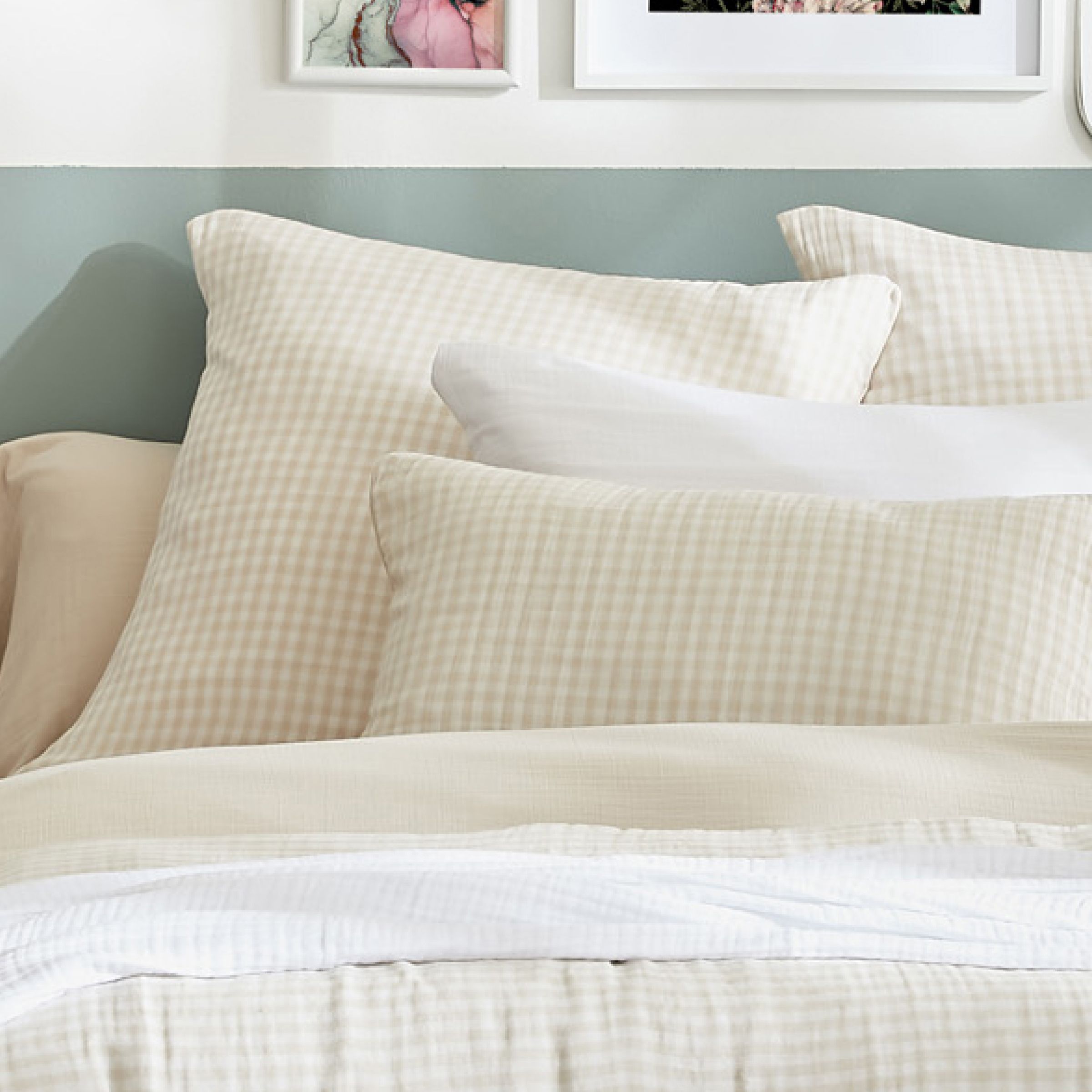 Beige gingham muslin pillowcase