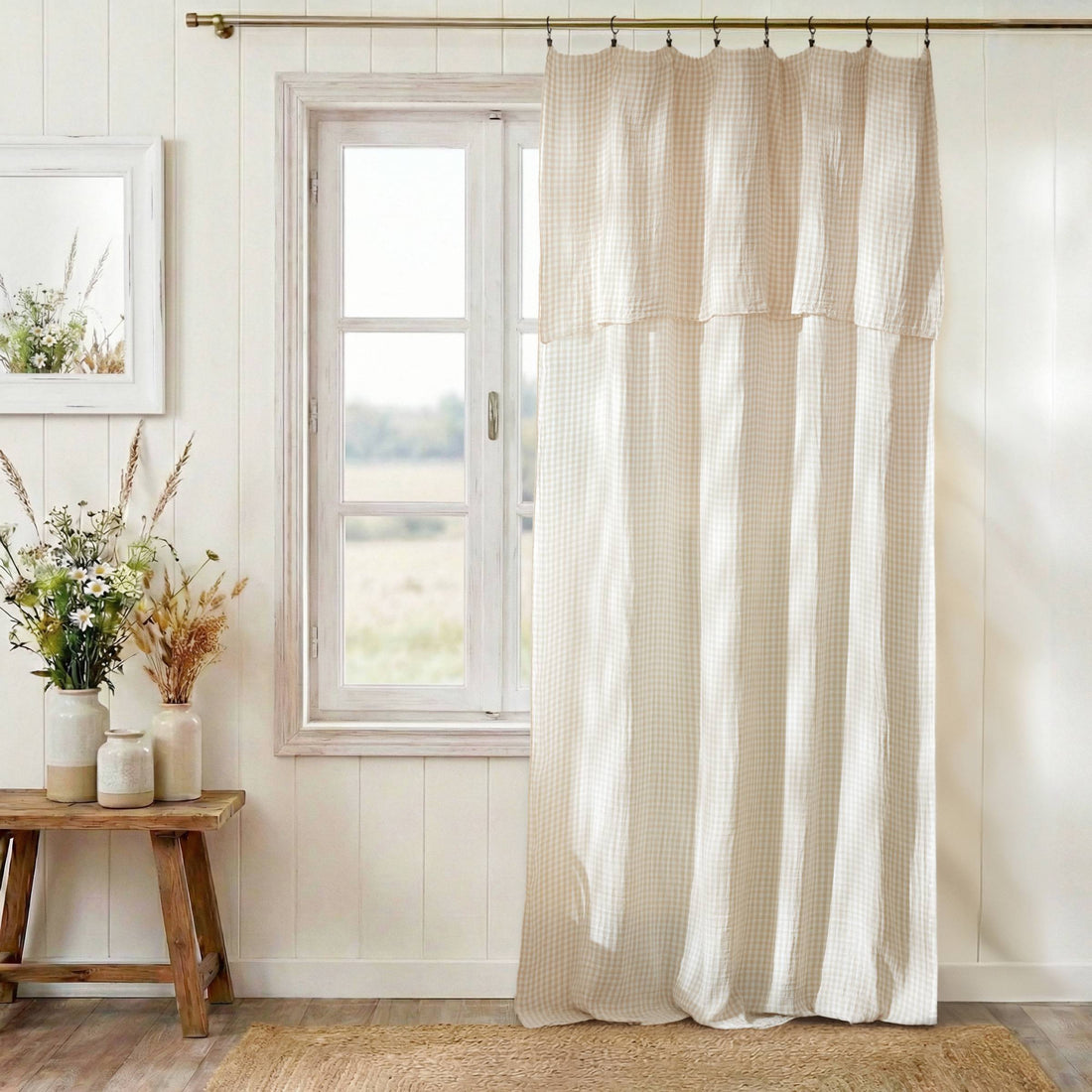Beige gingham adjustable muslin curtain