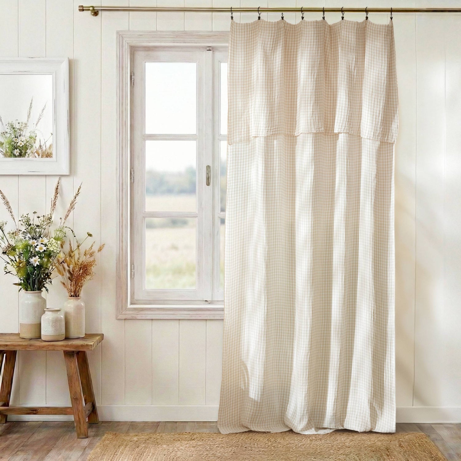 Beige gingham adjustable muslin curtain