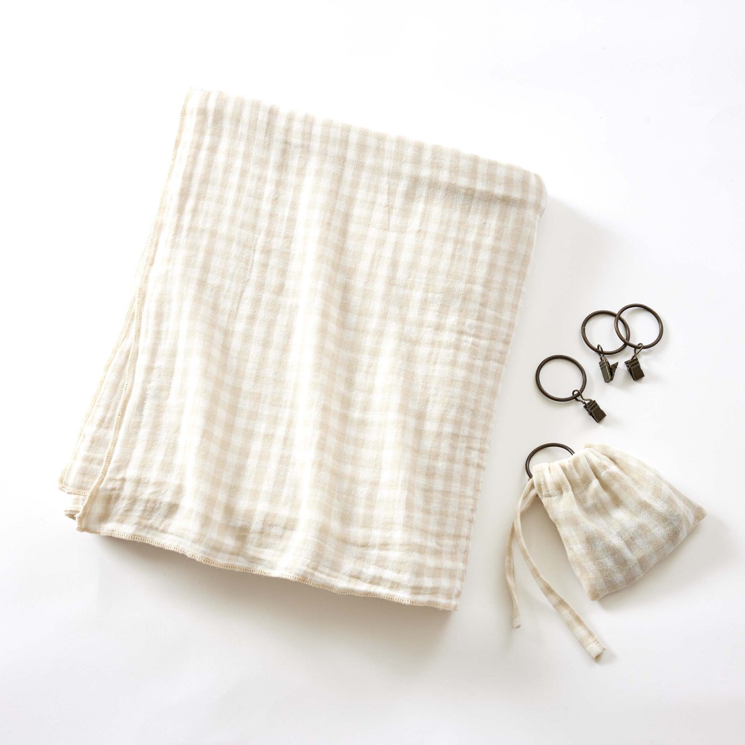 Beige gingham adjustable muslin curtain
