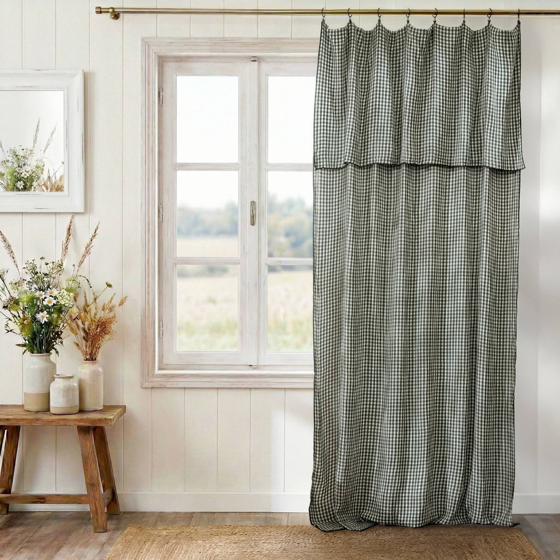 Rosemary green gingham adjustable muslin curtain