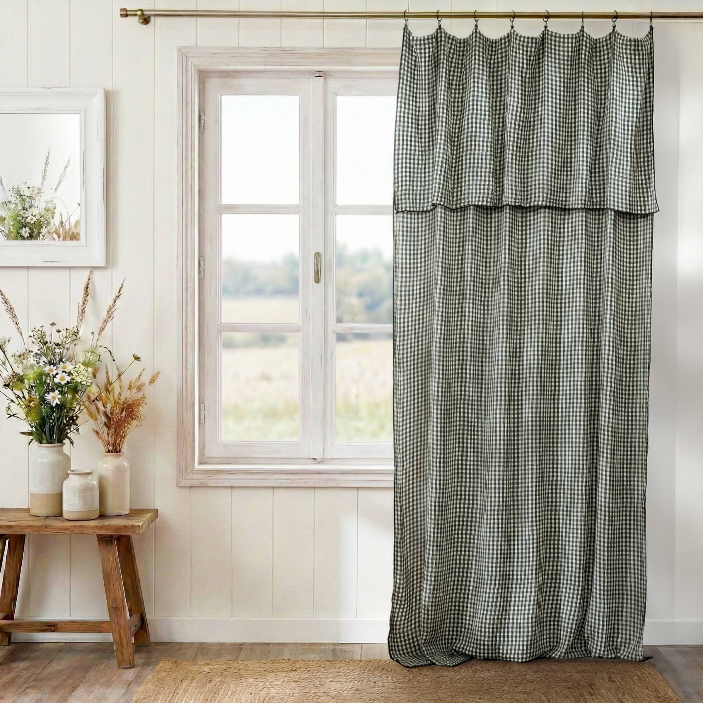 Rosemary green gingham adjustable muslin curtain