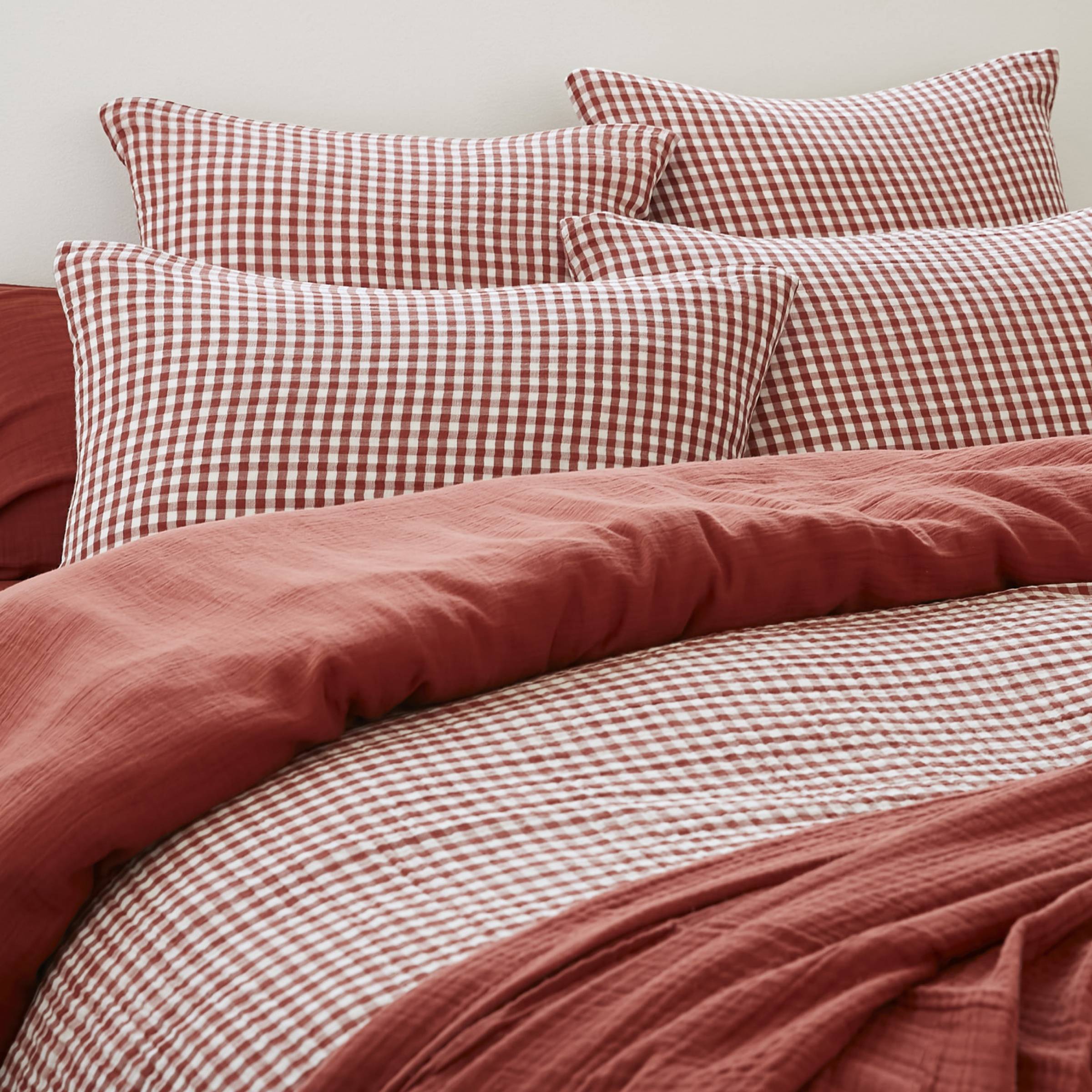 Terracotta gingham muslin pillowcase