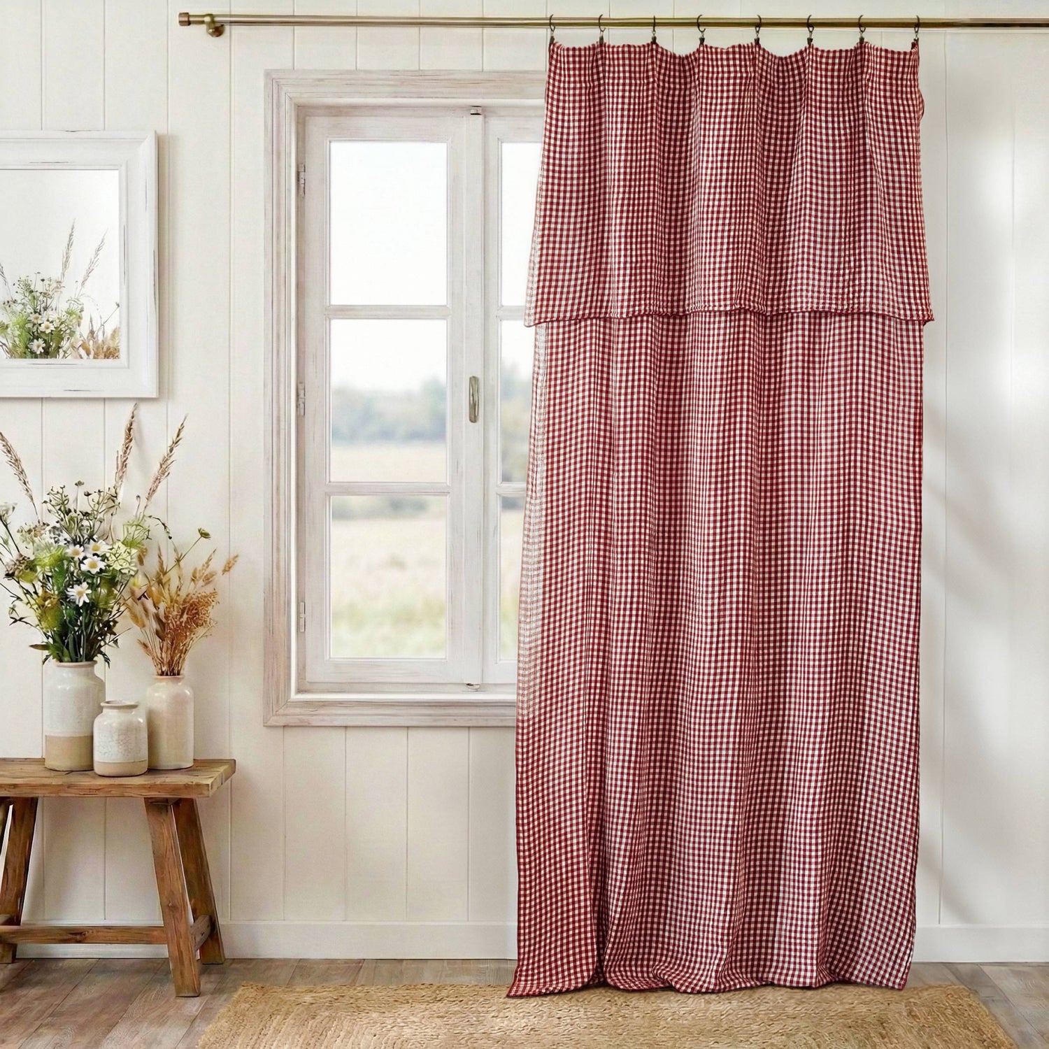 Terracotta gingham adjustable muslin curtain